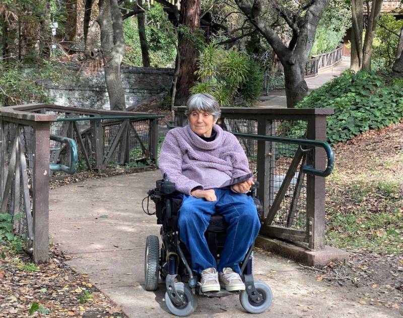 A woman with lighter skin and gray hair wearing a purple sweater and blue jeans is seen sitting in a wheelchair with a background of trees.