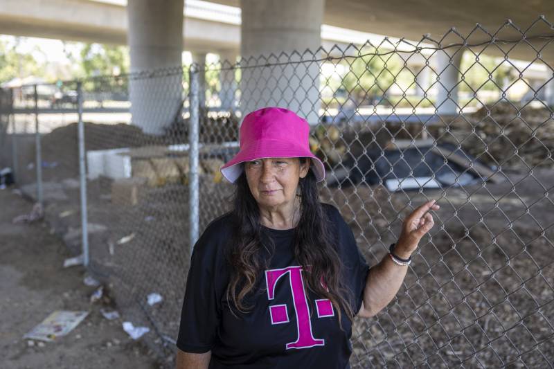 A woman in a pink hat leans on a chainlink fence under a freeway overpass.
