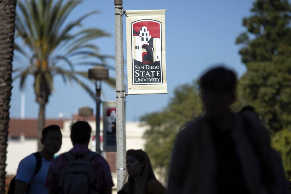 A group of people beside a San Diego State University sign on a lamp post.