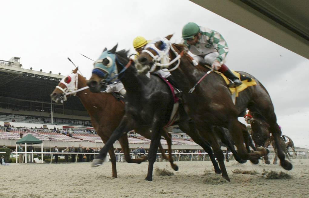 Three men wearing horse race jockey uniforms in green, yellow and red, ride on horses on a racetrack.
