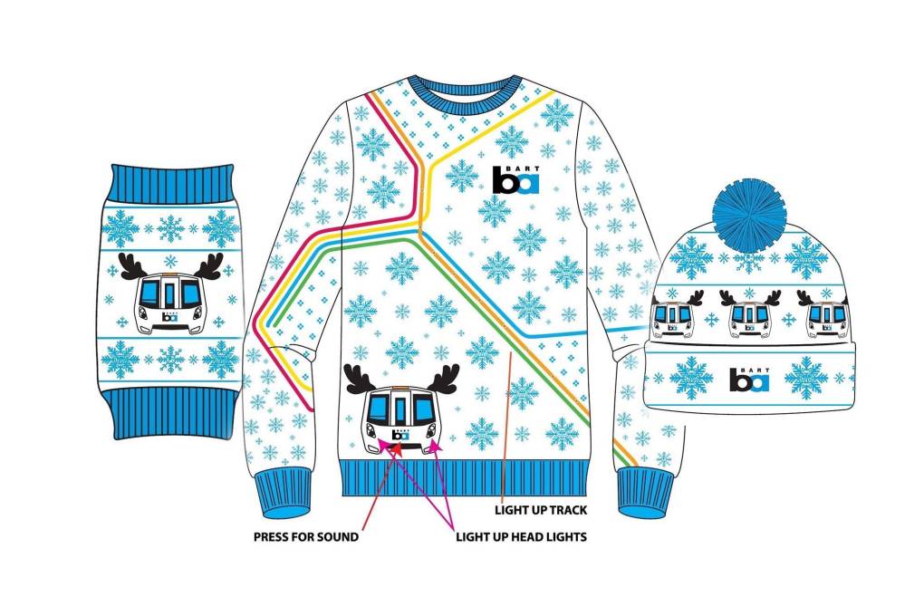 A graphic image of three knit clothing items: one is an ugly holiday sweater for dogs; another is a knitted ugly holiday sweater for people; last is an ugly holiday pattern for a knit beanie. This is for BART's annual holiday sweater sales.