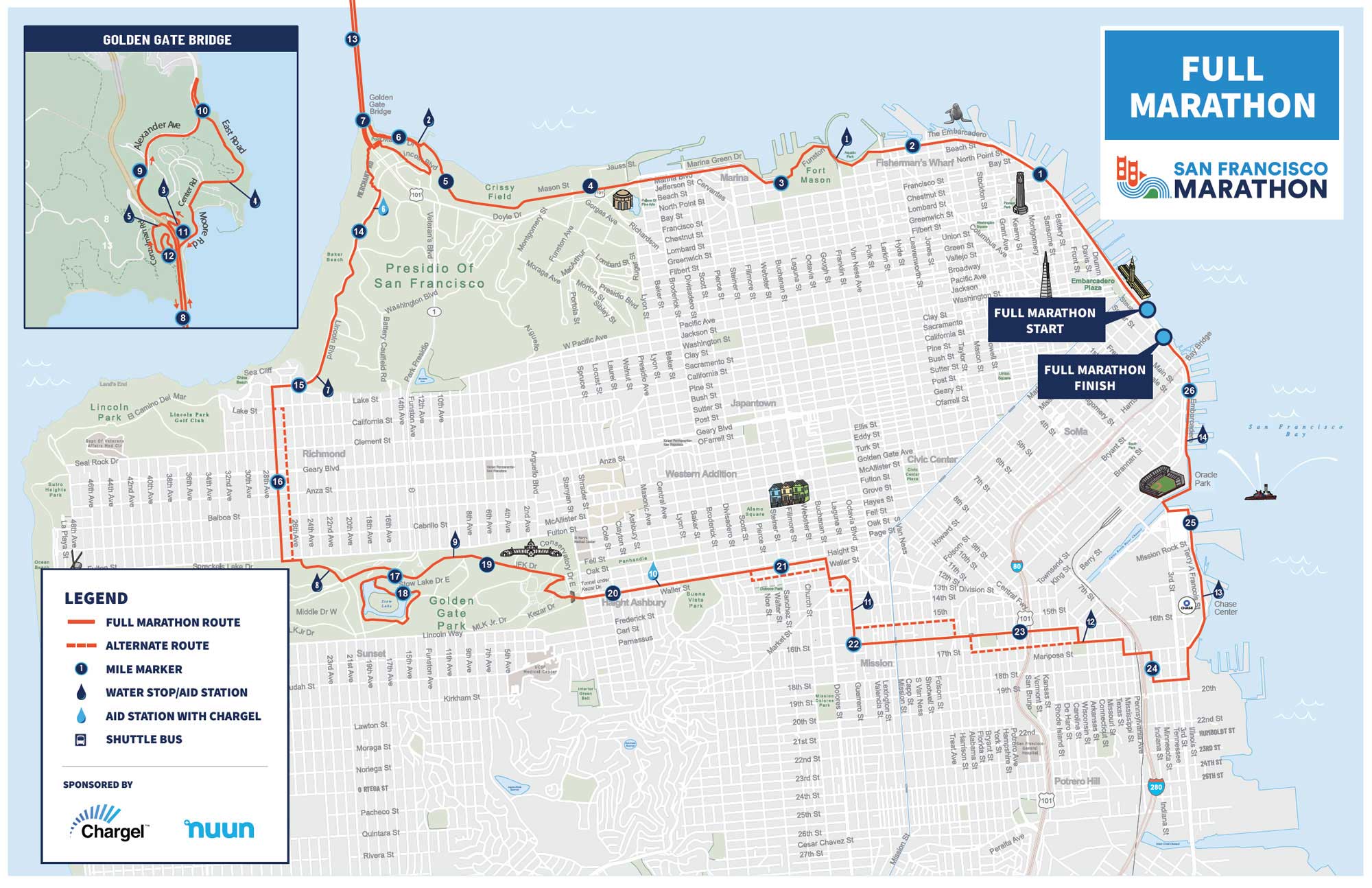 A map of San Francisco detailing the route of the SF Marathon with an orange line