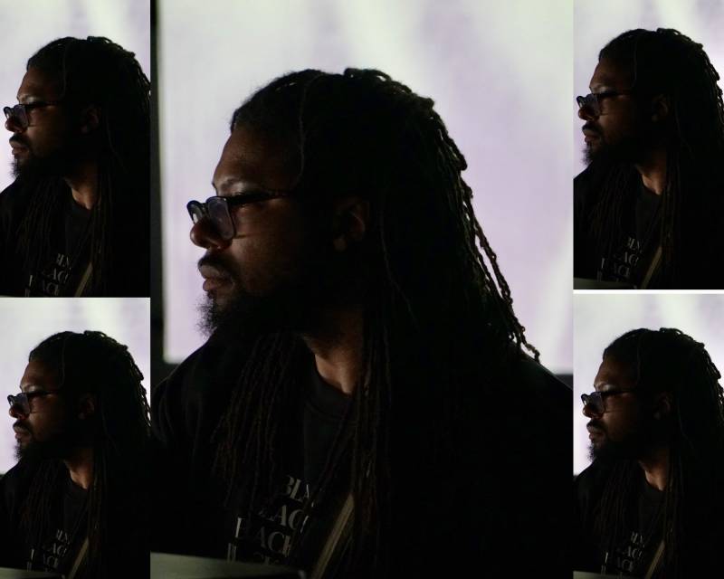 A collage of photos of a Black man wearing glasses looking off to the side in dim light.