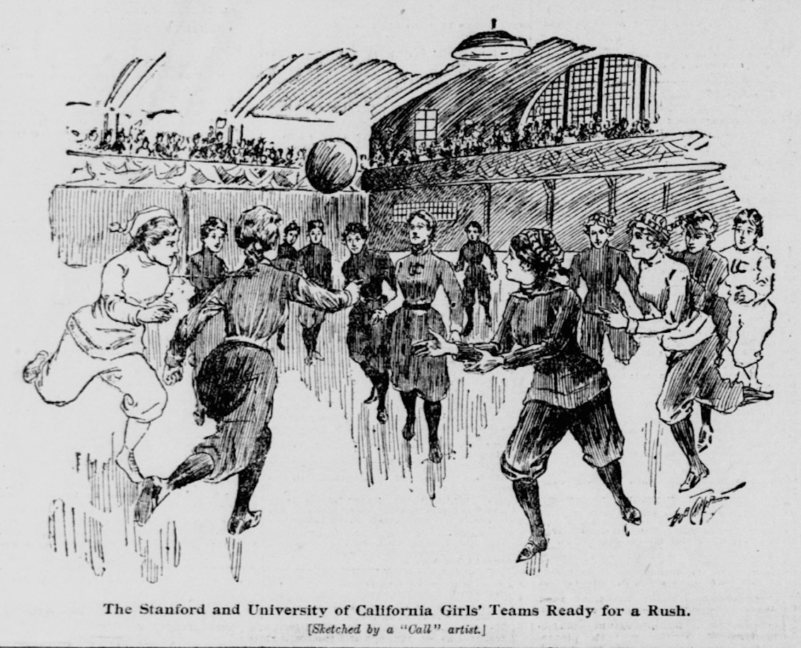 an old-fashioned drawing of women on a basketball court