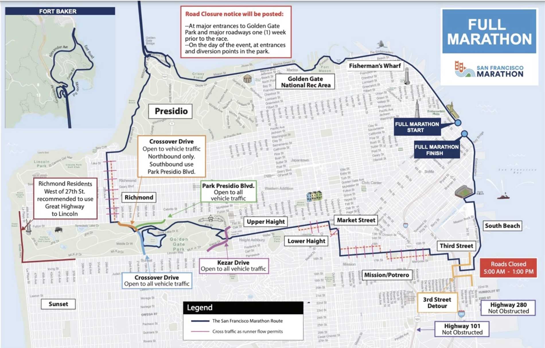 A map of the north portion of San Francisco detailing road closures 