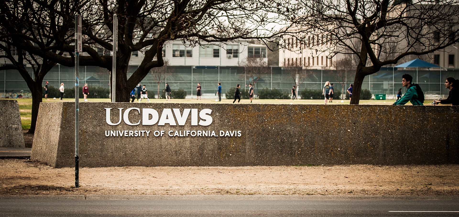 The UC Davis logo with a soccer game and bike riders in the background.