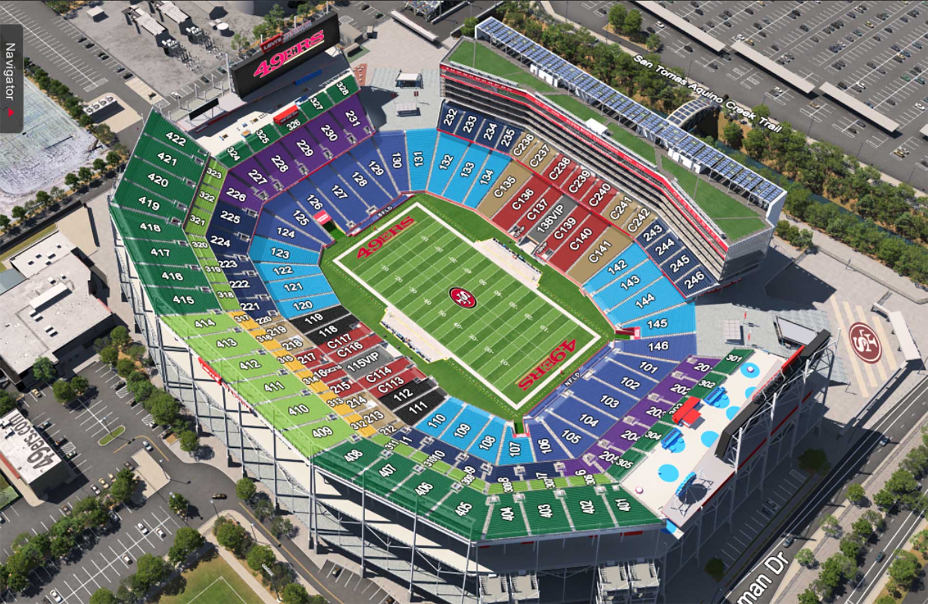 An aerial phot of a huge stadium, overlaid with graphics illustrating different seating.