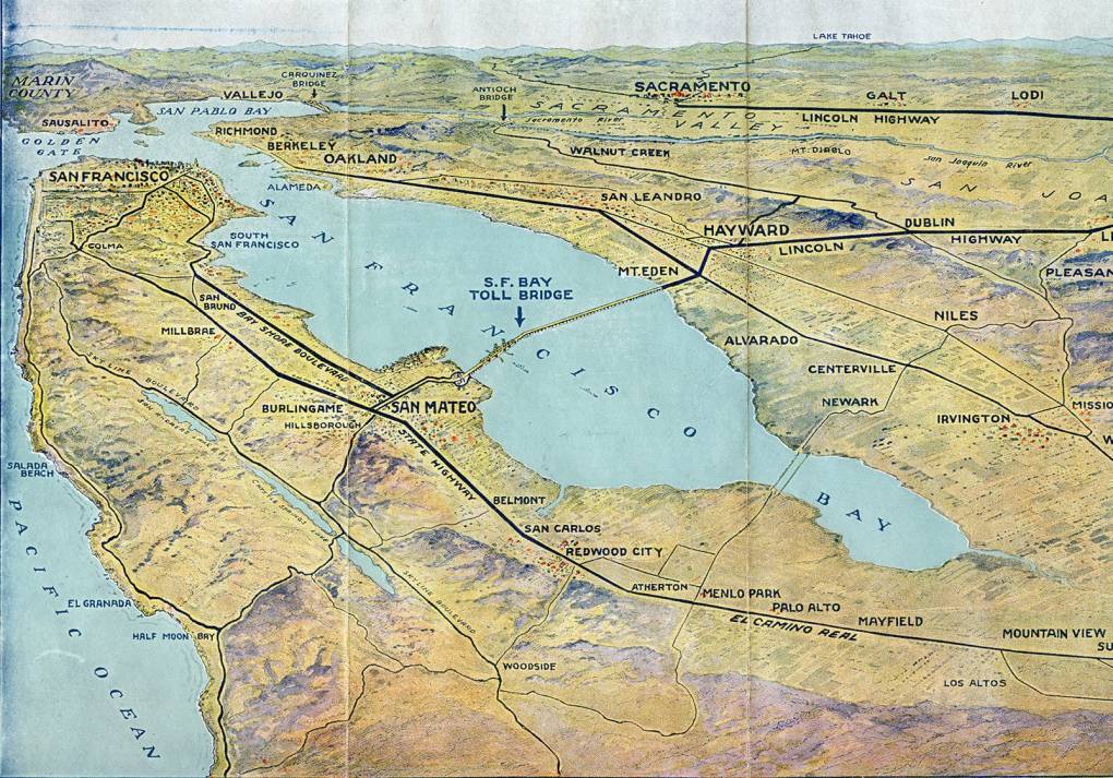 Printed map of the San Francisco Bay highlighting the location of the San Mateo-Hayward Bridge.