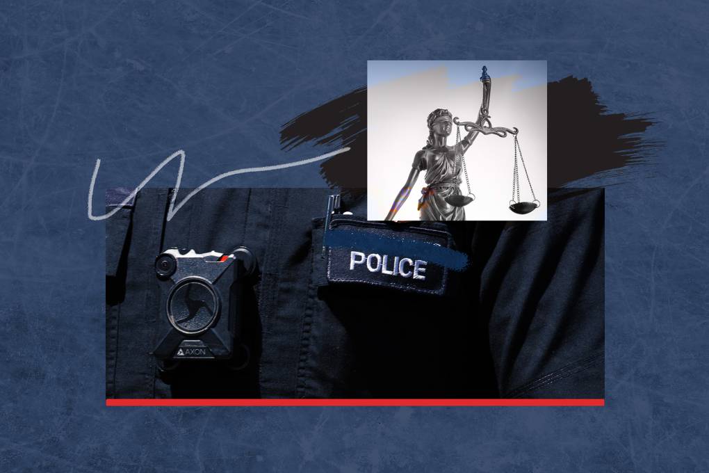 A collage of a police uniform, a camera and a female statue with scales for weighing.