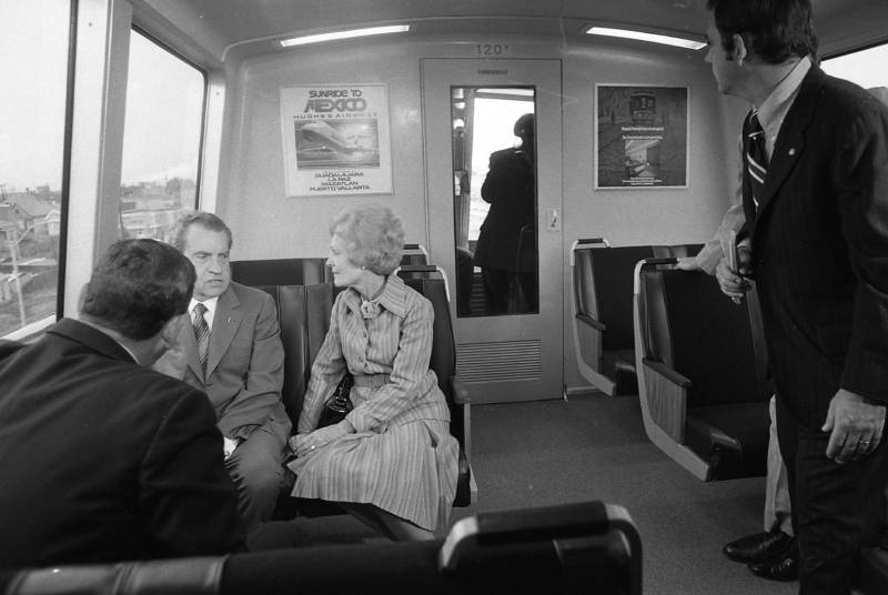 President Richard Nixon and First Lady Pat Nixon riding on BART in September 1972.