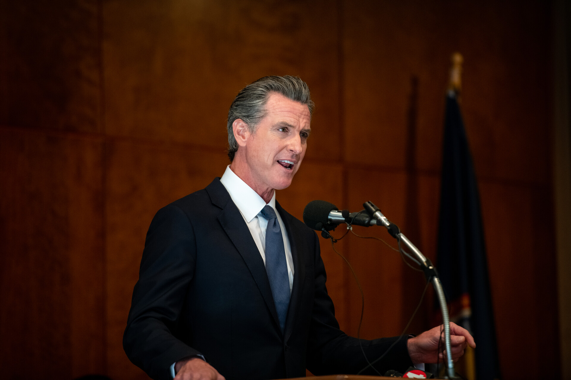 California Gov. Gavin Newsom is pictured speaking from a podium inside a conference room.