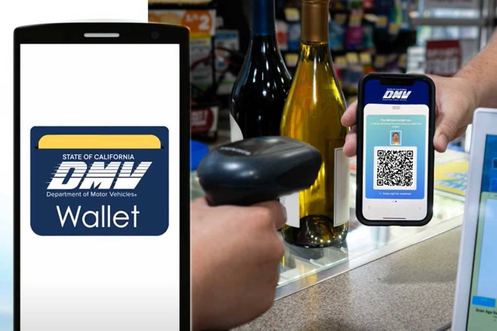 A screenshot of a DMV instructional video, with a smartphone reading "DMV Wallet" on the left side, and a photo of a hand holding a smartphone with a QR code up at a cash register.
