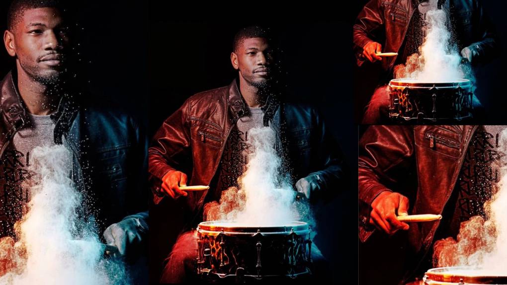 A collage of an image of a man drumming with a black background.