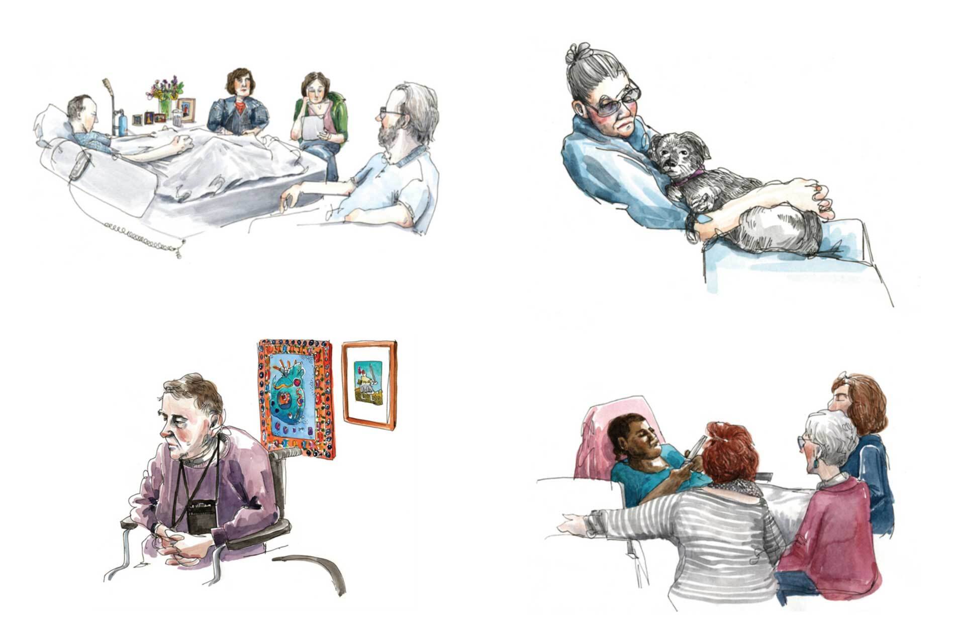 A collage of colorful illustrations that depict scenes from hospice care, with figures in bed as other figures sit around them.
