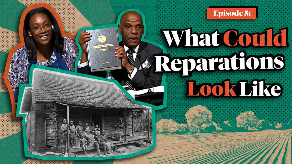 A collage with two people, and text saying: "What Could Reparations Look Like"