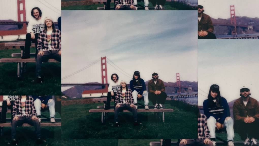 A collage with a photo of four people sitting on a bench with the Golden Gate Bridge in the background.