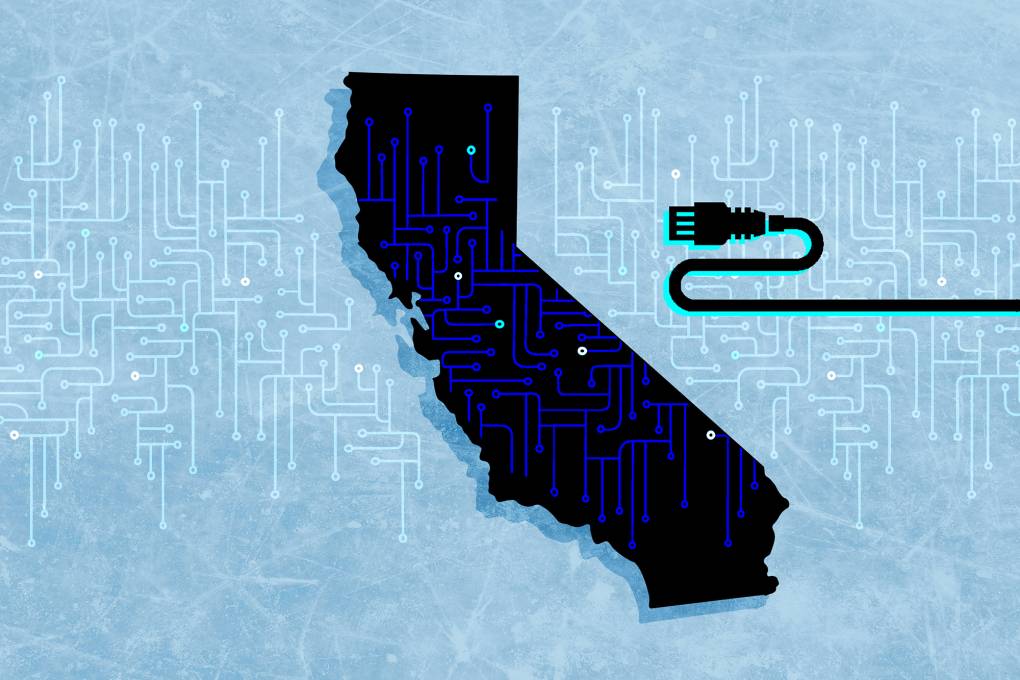 An illustration of the state of California with a ethernet wire snaked towards it.