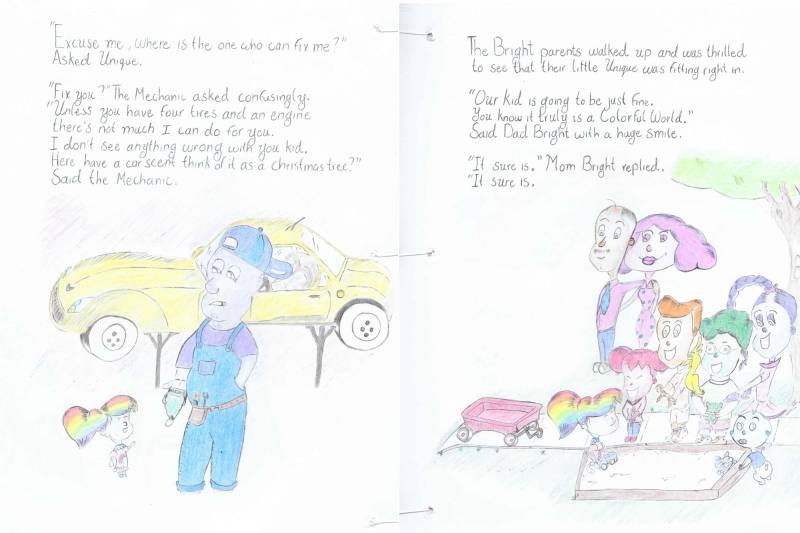 Scans of two pages of drawing and text from a hand written book.