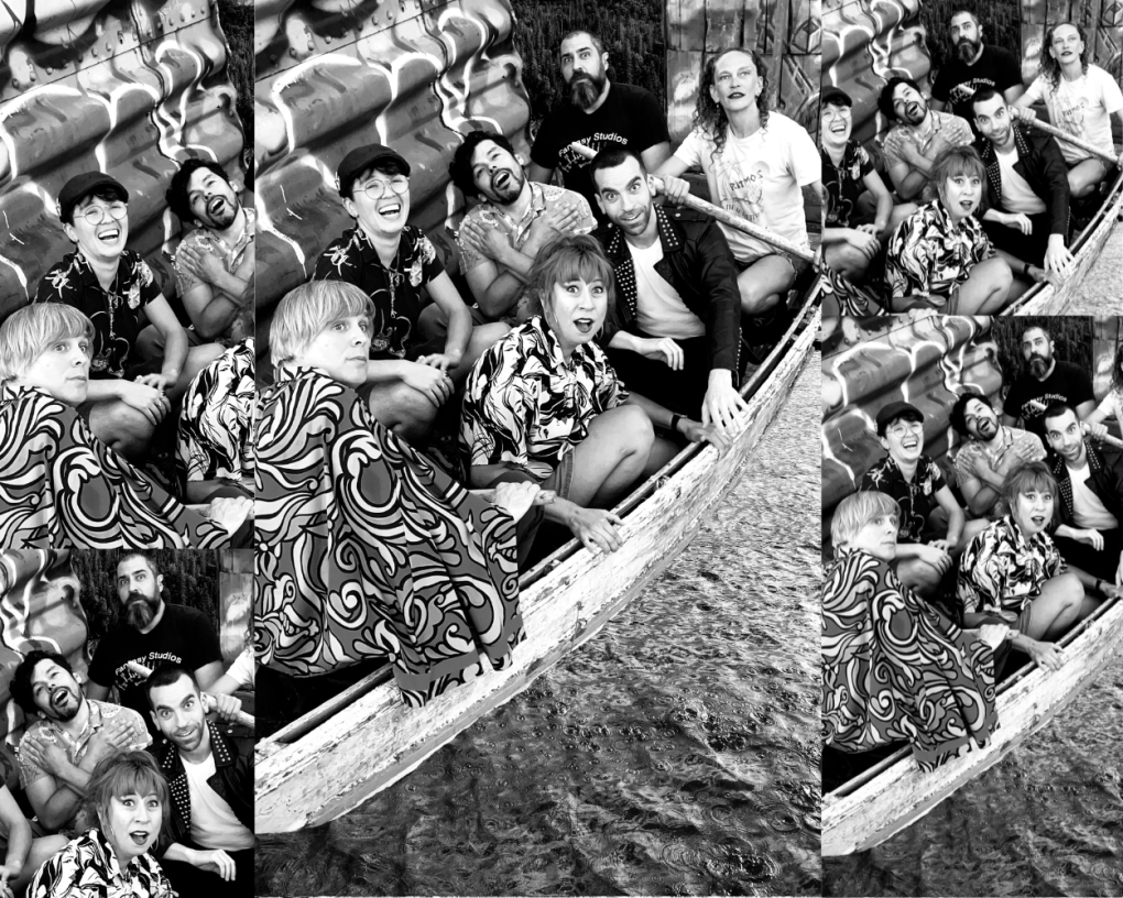 A black and white photo collage of 5 images of men and women wearing different clothing styles in a small boat.