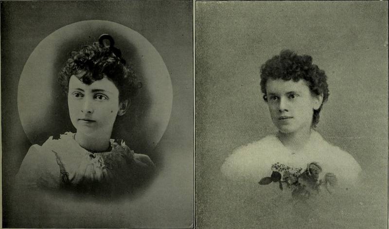 Side by side portraits of two young woman with dark curly hair, taken in the 1890s.