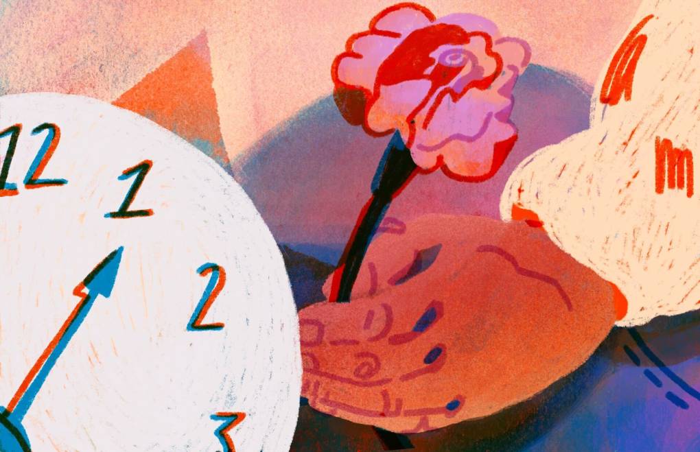 A graphic illustration of a clock ticking while someone's hand is seen holding a carnation.