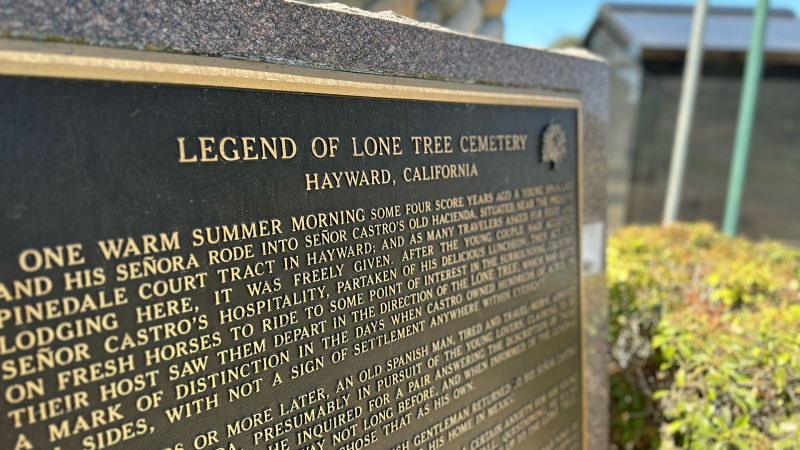 A plaque at Lone Tree Cemetery with small font that details the entire legend. 