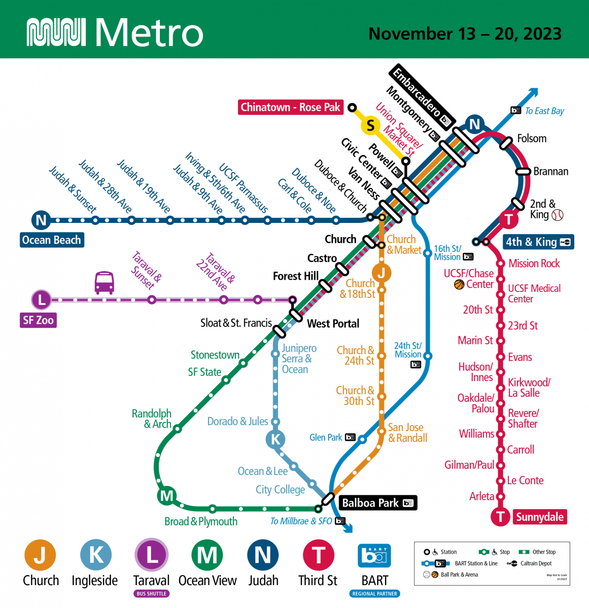A colorful public transit map illustrating changes to SF Muni routes