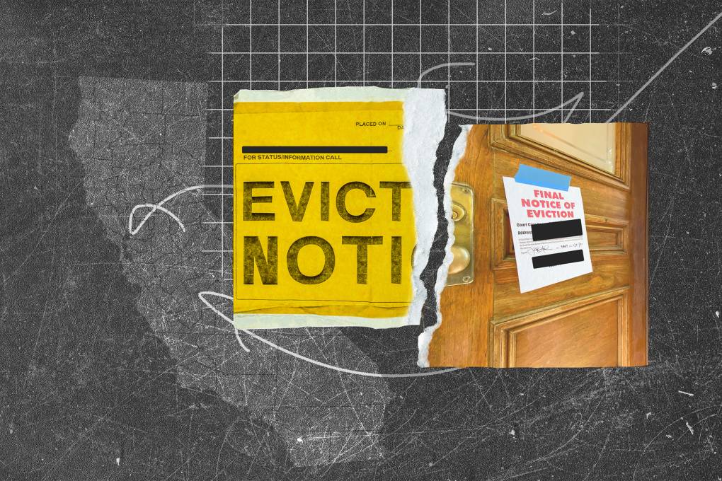 A graphic illustration of the state of California, a yellow piece of paper with "Eviction Notice" on the front next to an image of a sign on a door.