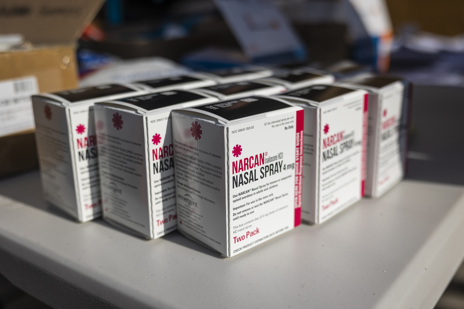 Boxes of Narcan are on a table.