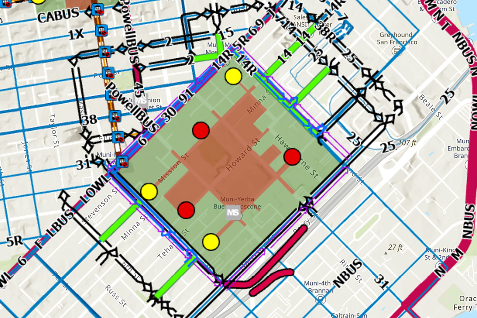 A map of downtown San Francisco showing the red and green zones around Moscone Center