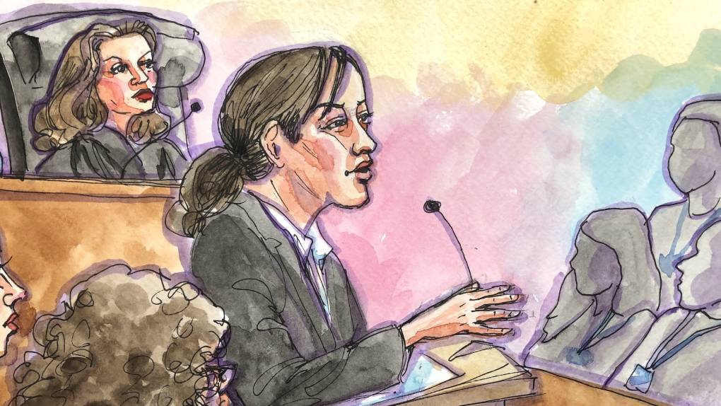 A watercolor sketch of a woman standing in front of a lectern in a courtroom with a female judge behind her.