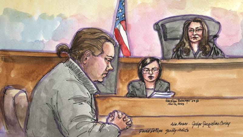 A watercolor sketch of a white man with a ponytail, holding his hands together, looks down sullenly in a courtroom. A female judge and court reporter sit in the background.