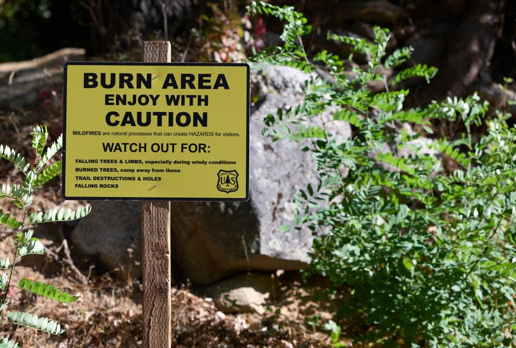 A sign among trees says "burn area, enjoy with caution."