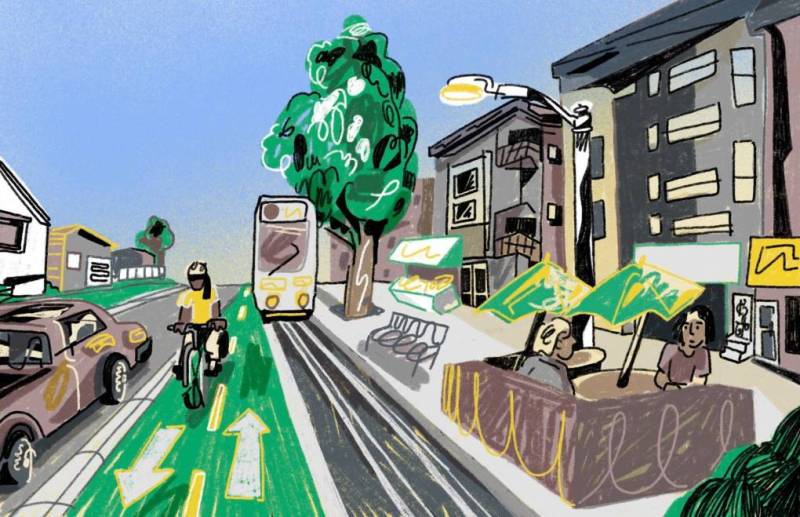 An illustration showing an idealized urban environment featuring apartments, a bike lane, light rail, big sidewalks and a roadway.