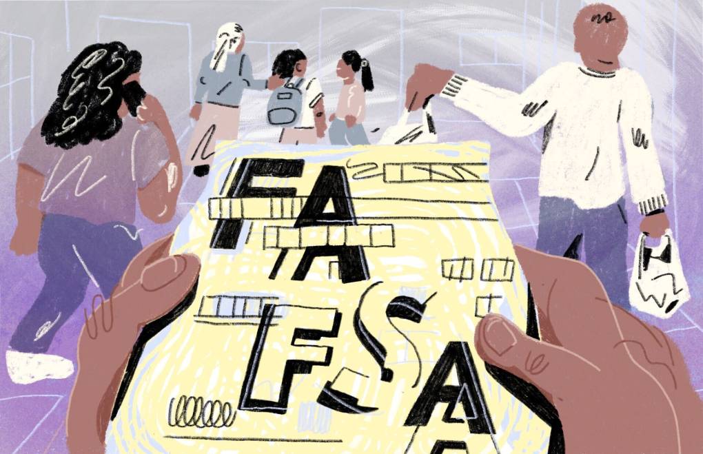 An illustration showing a pair of hands holding a yellow sheet of paper that reads FAFSA. In the background, a number of figures representing family members talk.