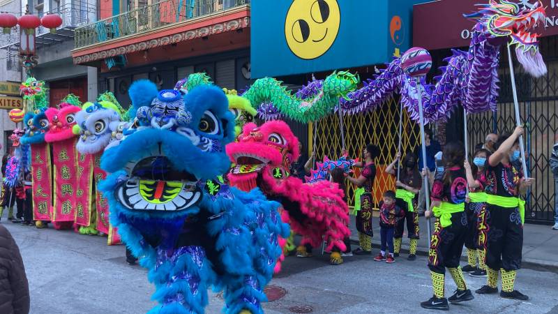 Bright blue and bright pink ornamented dragon costumes are seen on the street with several children holding up decorated poles.