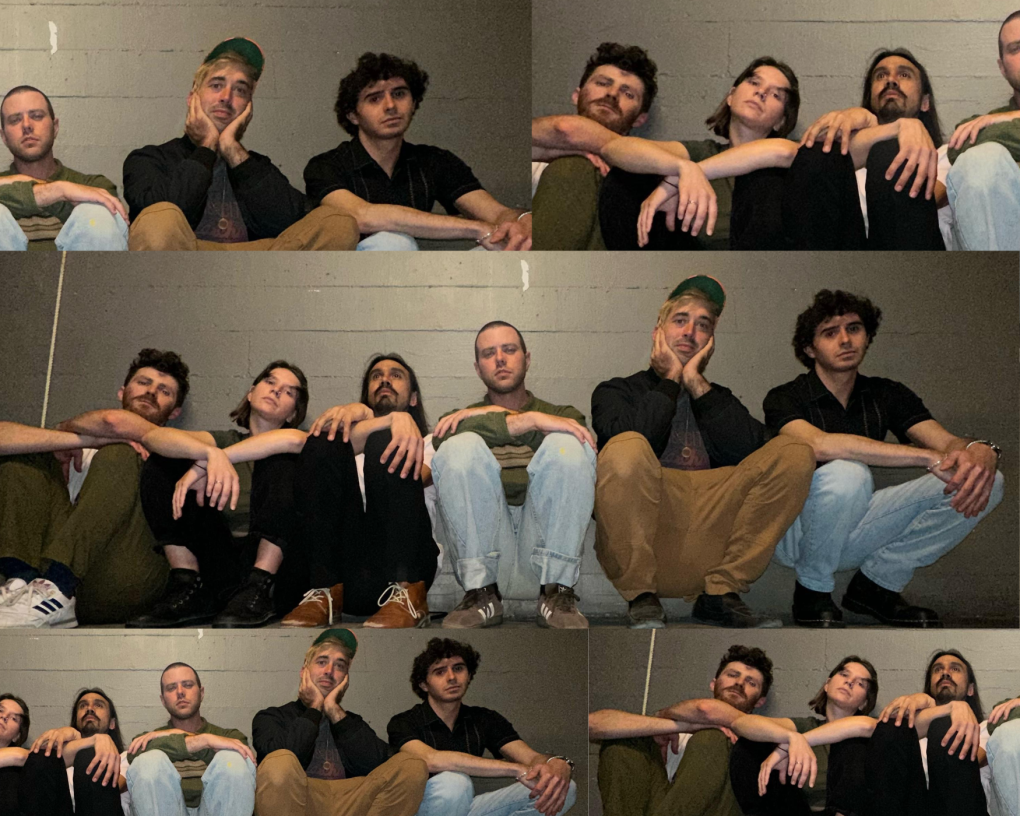 A collage of five images of six men sitting down next to each other.