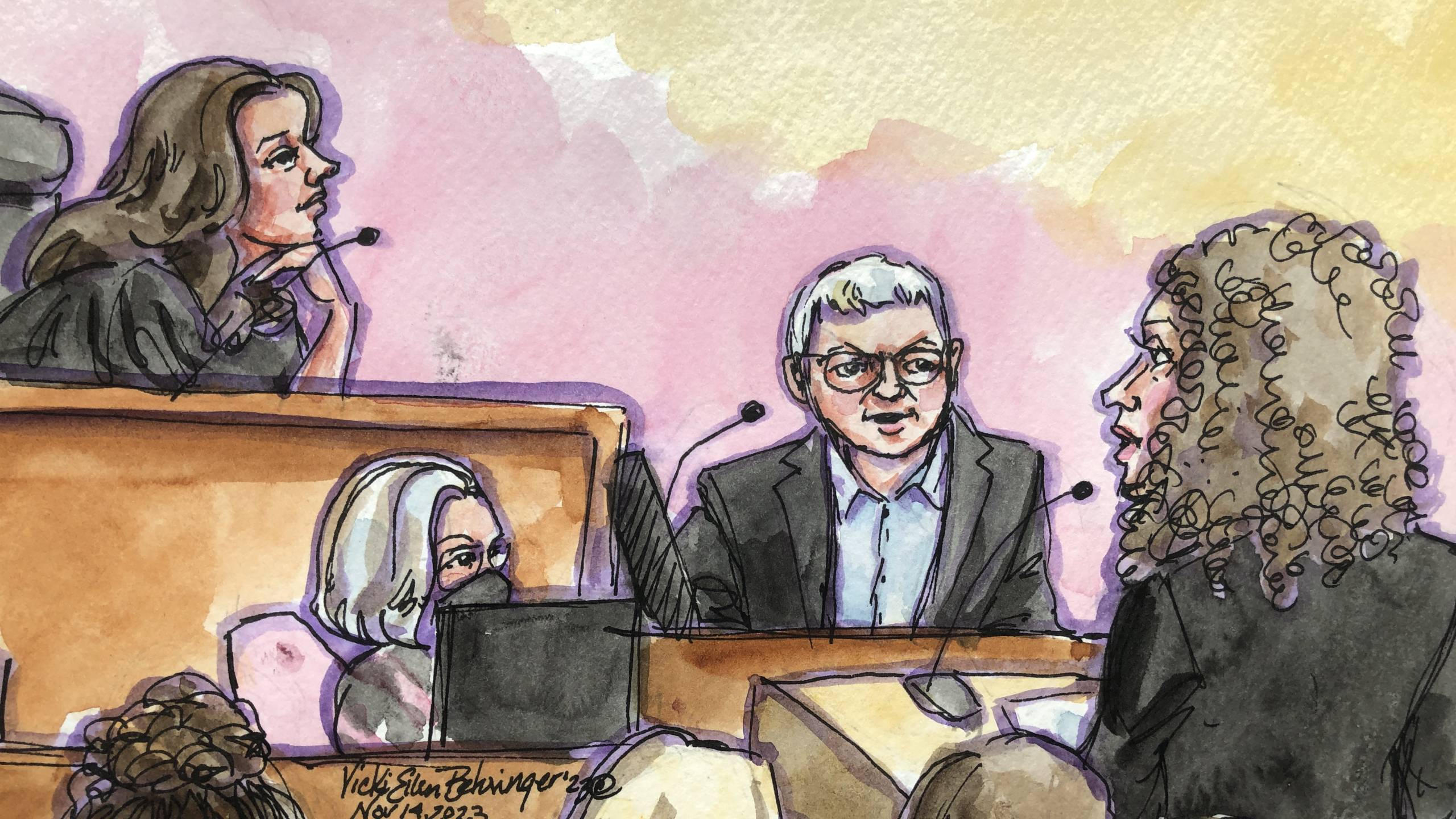 A watercolor sketch of an older woman with short grey hair on the witness stand next to a judge, with another woman, with curly hair, facing her.