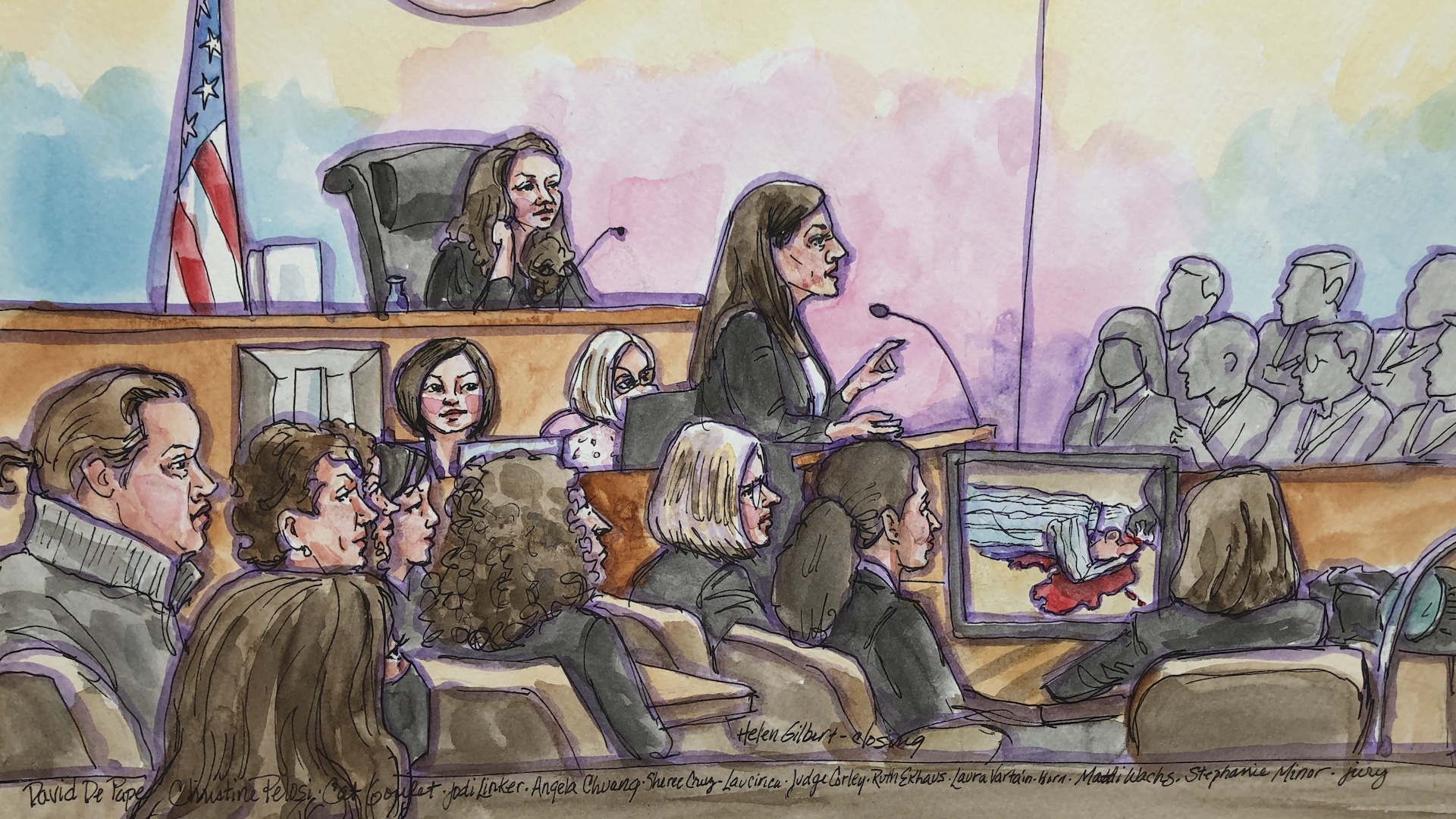 A watercolor sketch of a woman standing at a lectern in a courtroom, speaking to a faceless jury, with a judge observing.