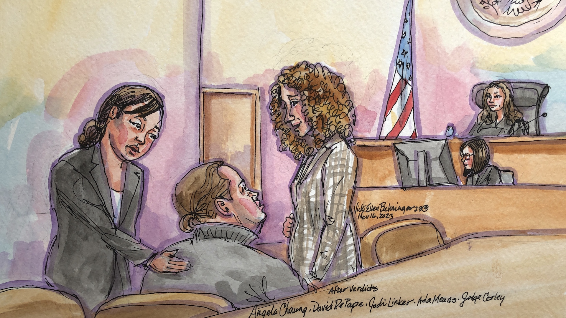 A watercolor sketch of two women standing up and consoling a large man who is seated, as a judge and court reporter sit in the background. 
