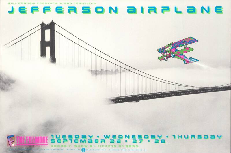 A concert poster for the band Jefferson Airplane, featuring a black and white image of the Golden Gate Bridge shrouded in fog, with a multicolored illustration of a bi-wing airplane flying over it.