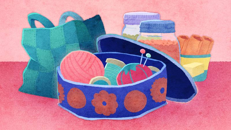 Illustration of various low-waste practices: using an old cookie tin as a sewing kit, a reusable bag, old mason jars for storing dry goods and using old food containers to hold leftovers.