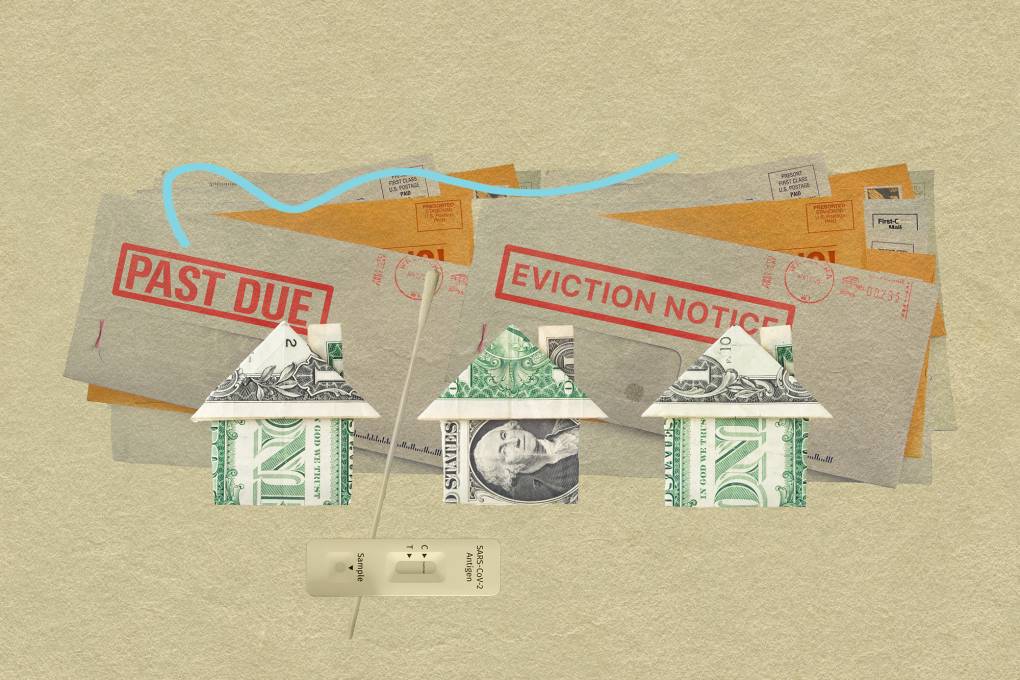 A graphic illustration showing dollar bills folded into the shape of houses with folders that say "Past Due" and "Eviction Notice" behind them.