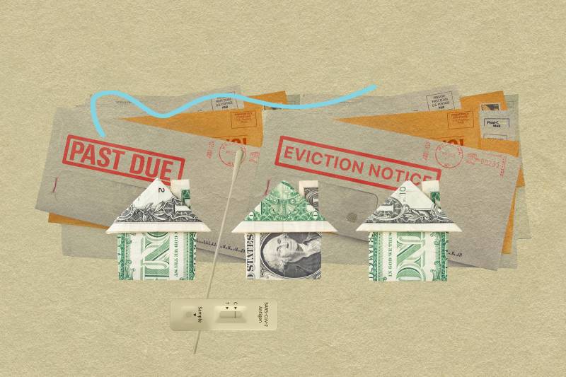 A graphic illustration showing dollar bills folded into the shape of houses with folders that say "Past Due" and "Eviction Notice" behind them.