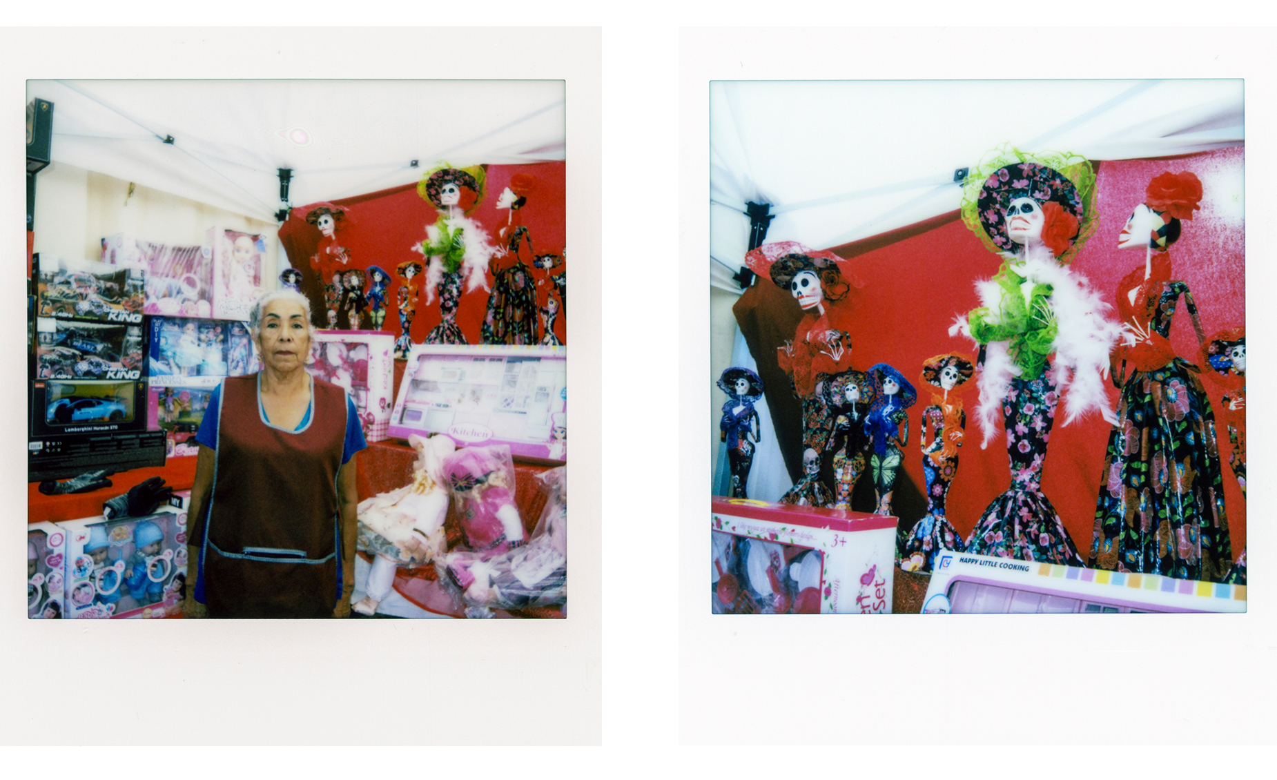 Two photos: on the left, a person stands amidst varied wares in a market stall. On the right, several Día de los Muertos statues on display in a market stall.