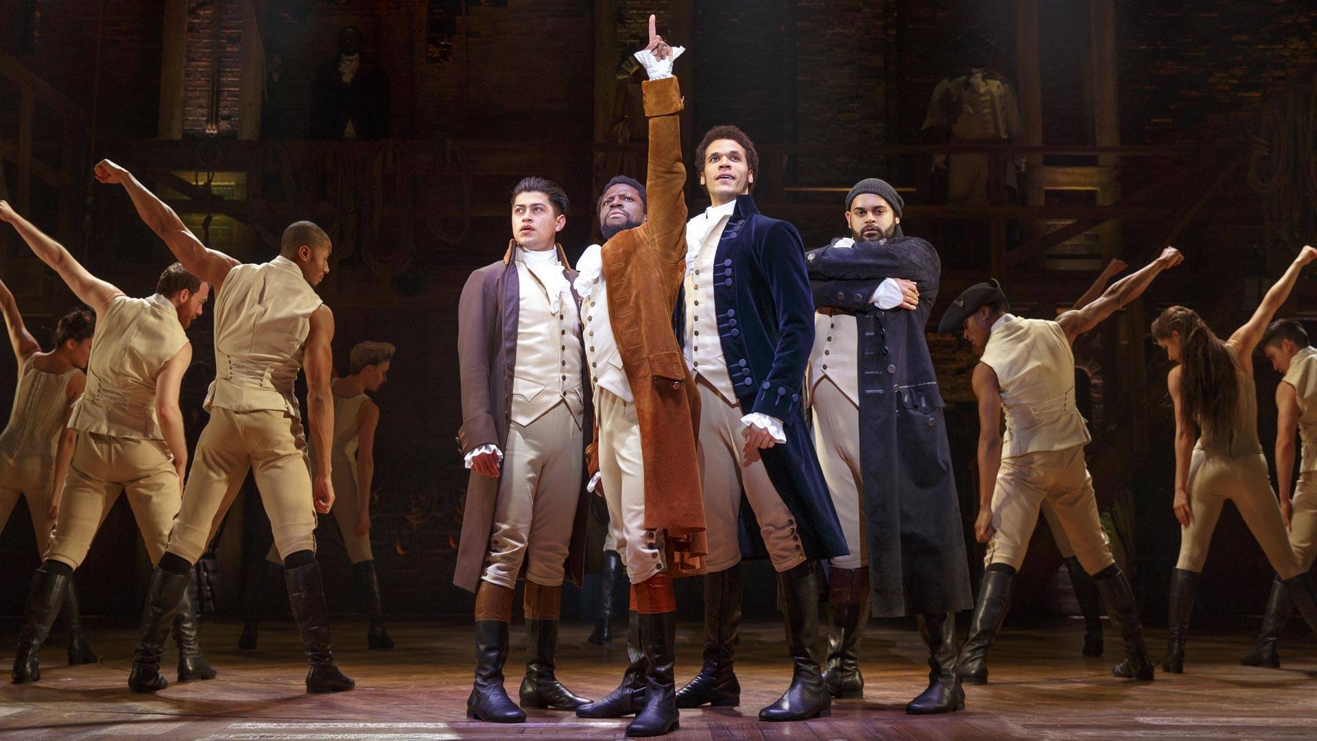 Ruben J. Carbajal, Michael Luwoye, Jordan Donica, Mathenee Treco and the 'Hamilton' company of the 'Hamilton' national tour, currently at SHN Orpheum Theatre in San Francisco.  Joan Marcus