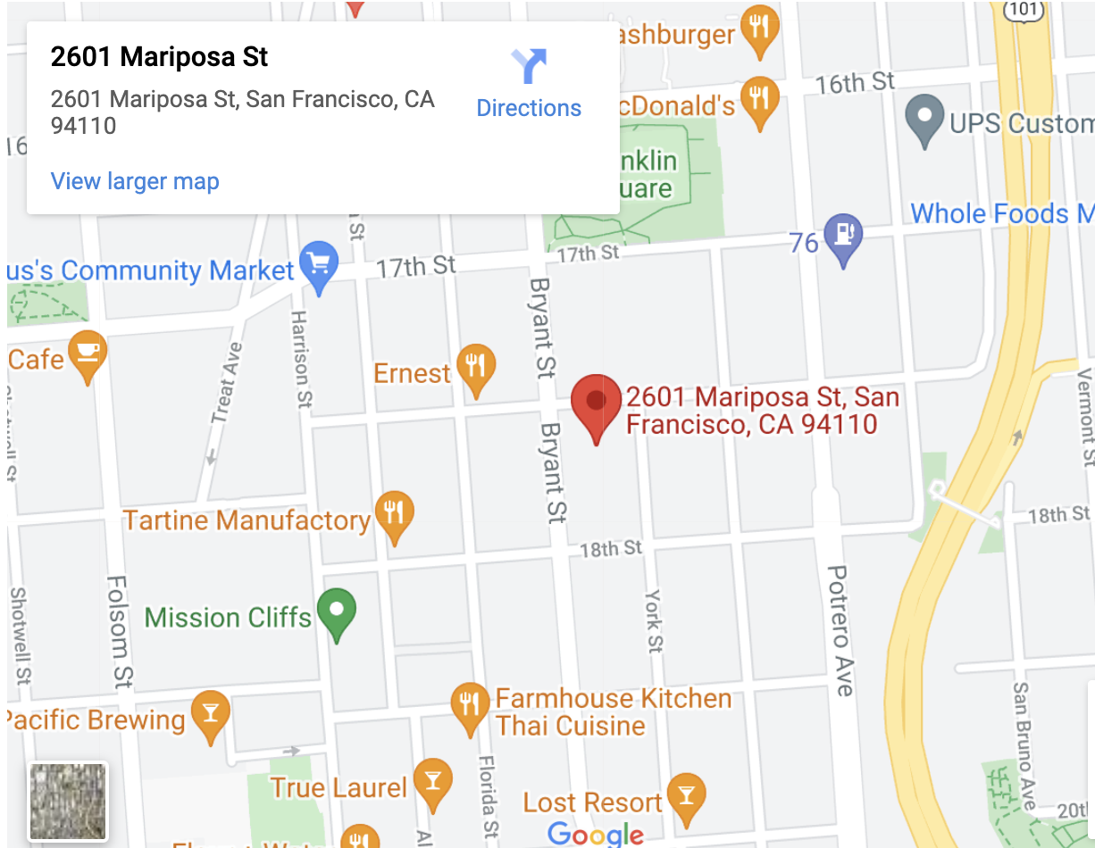 Google Map of 2601 Mariposa Street with link to directions