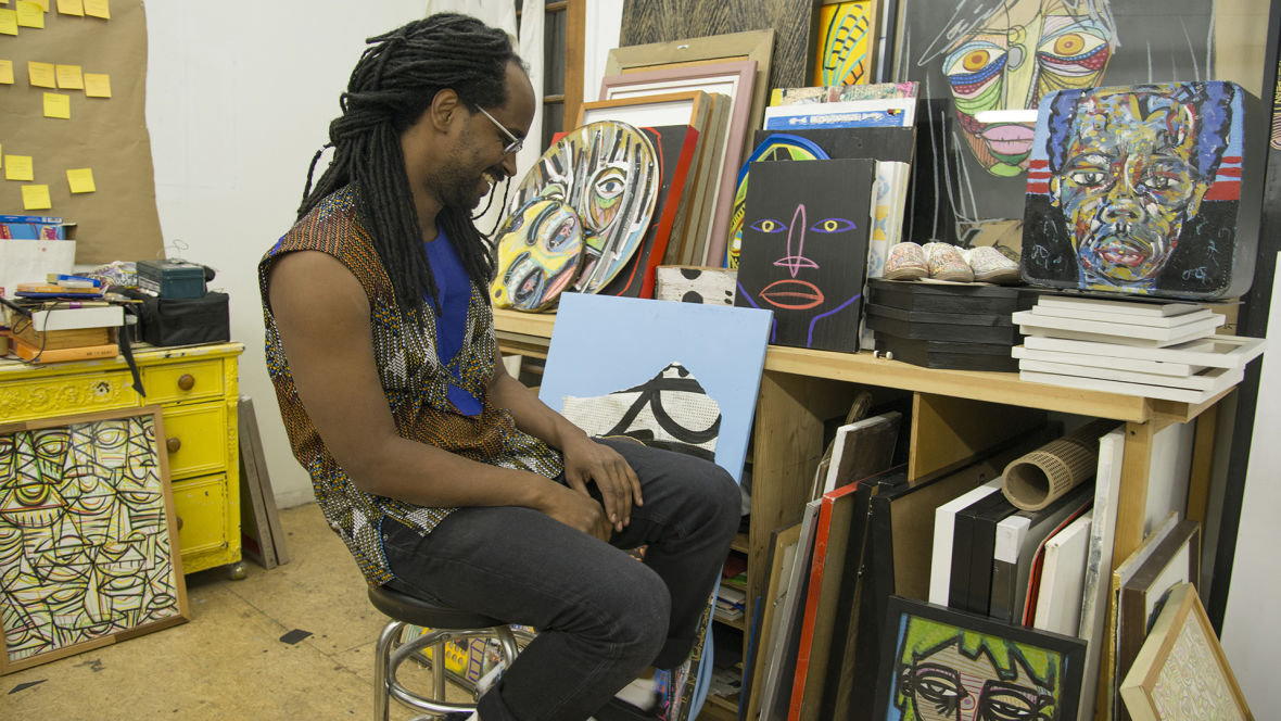 Mahader Tesfai in his Oakland Studio. Photo: Graham Holoch/KQED