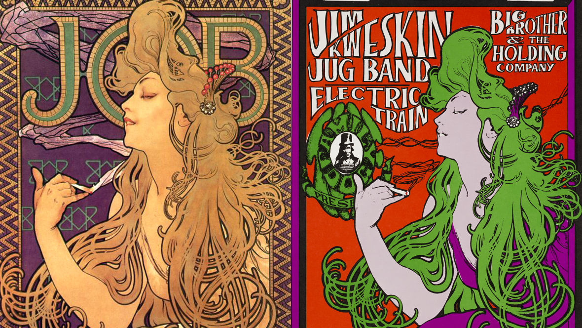 Left: Poster for "JOB" cigarette paper (1896), one of Alphonse Mucha's best-known advertisements; Right: Big Brother and the Holding Company Poster by Stanley Mouse and Alton Kelley (1966) Graphic: Kevin L. Jones
