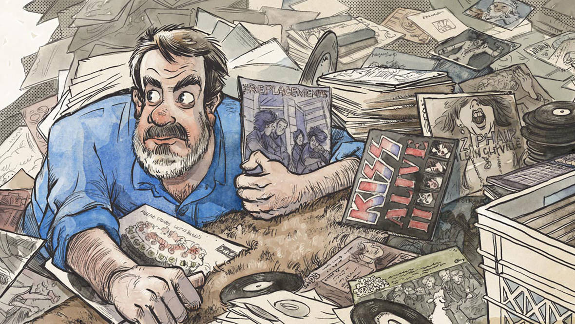 Eric Spitznagel's newest book finds him searching for the records he used to own -- the exact same copies, in fact.  Illustration via <a href="http://recordsneverdie.com/">recordsneverdie.com</a>